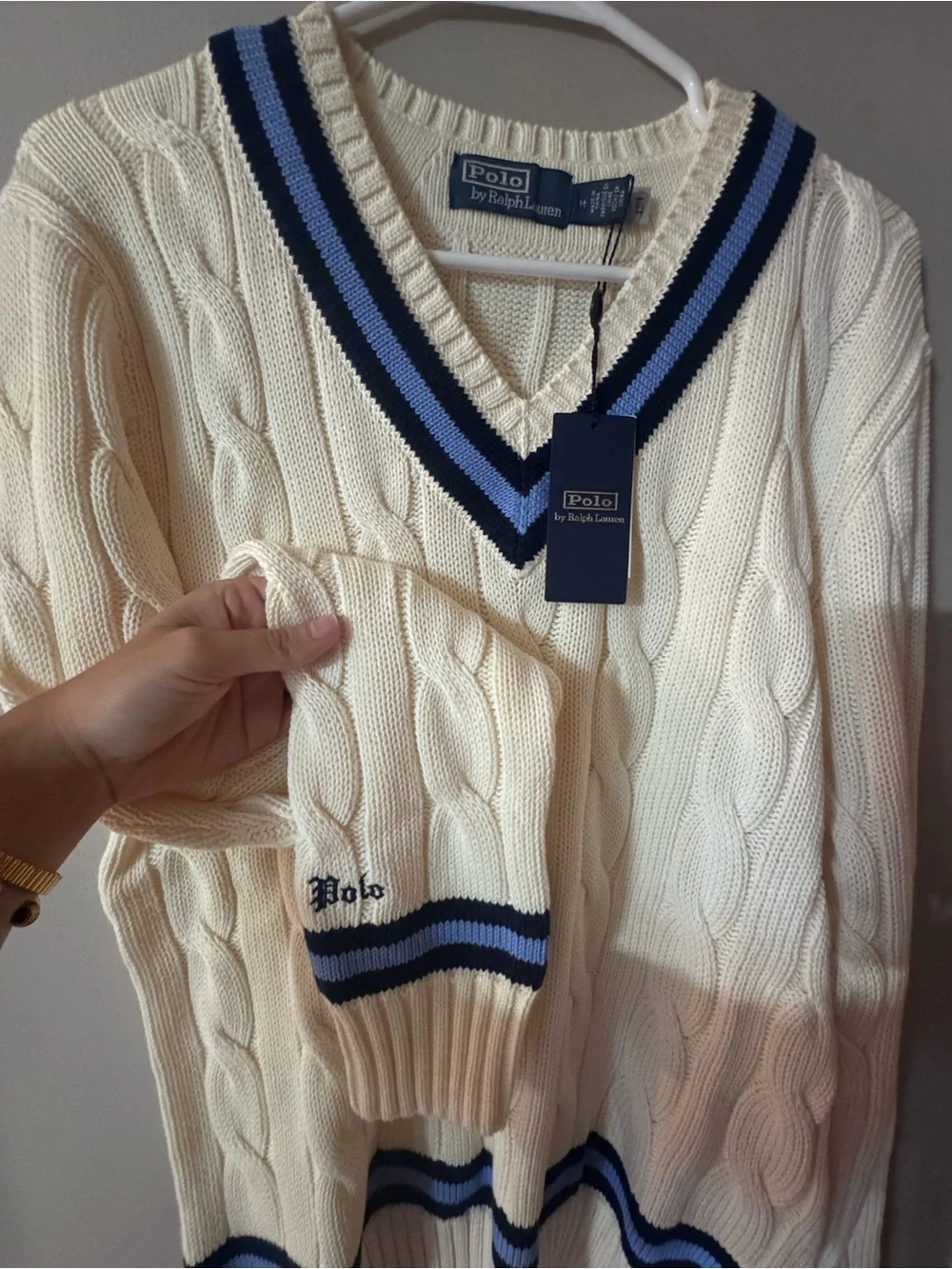 Polo by Ralph Lauren Cream Cable-Knit V-Neck Sweater with Blue Trim